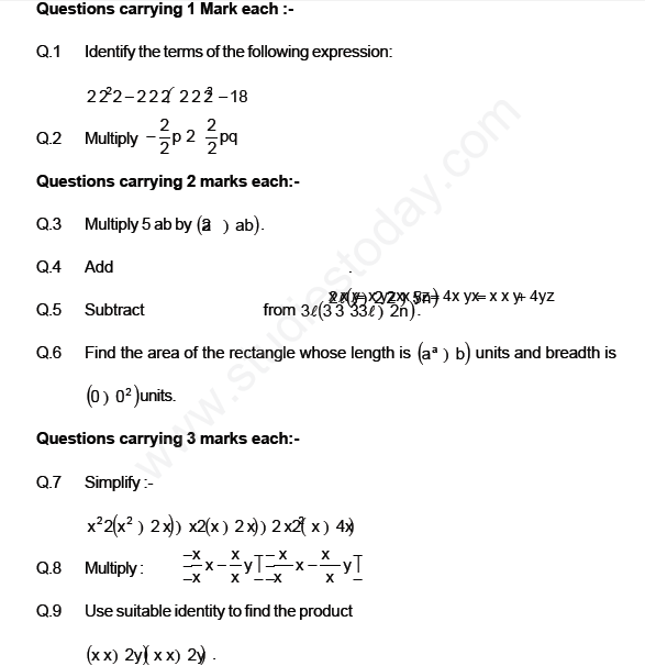 CBSE Class 8 Algebraic Expressions And Identities Pdf Test Papers